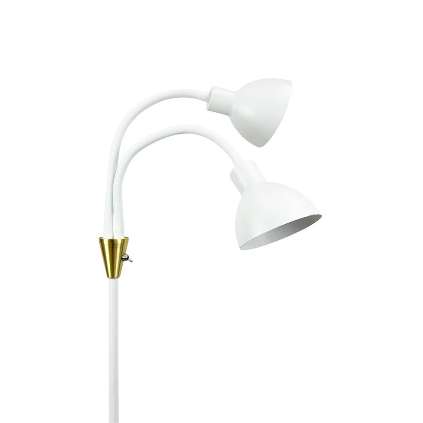 Double reading lamp with two bent, adjustable white arms and domed shades facing downwards; brass detail on the rod, against a neutral white background.