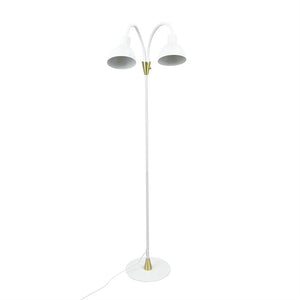 Floor lamp with two curved arms and white metal domes stands on a round base; slim bar with gold detailing, white cord sits against a solid white background.