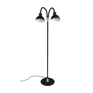 A black floor lamp with two curved shades; the arms bend outward and point slightly downward; stands on a round black base with brass details and visible black wire against a white background.