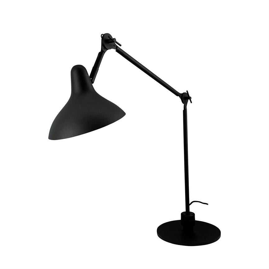 Black adjustable desk lamp, with tilted lamp head pointing downwards; long joint bracket, slim steel column and round foot; visible wire, placed against a uniform white background.