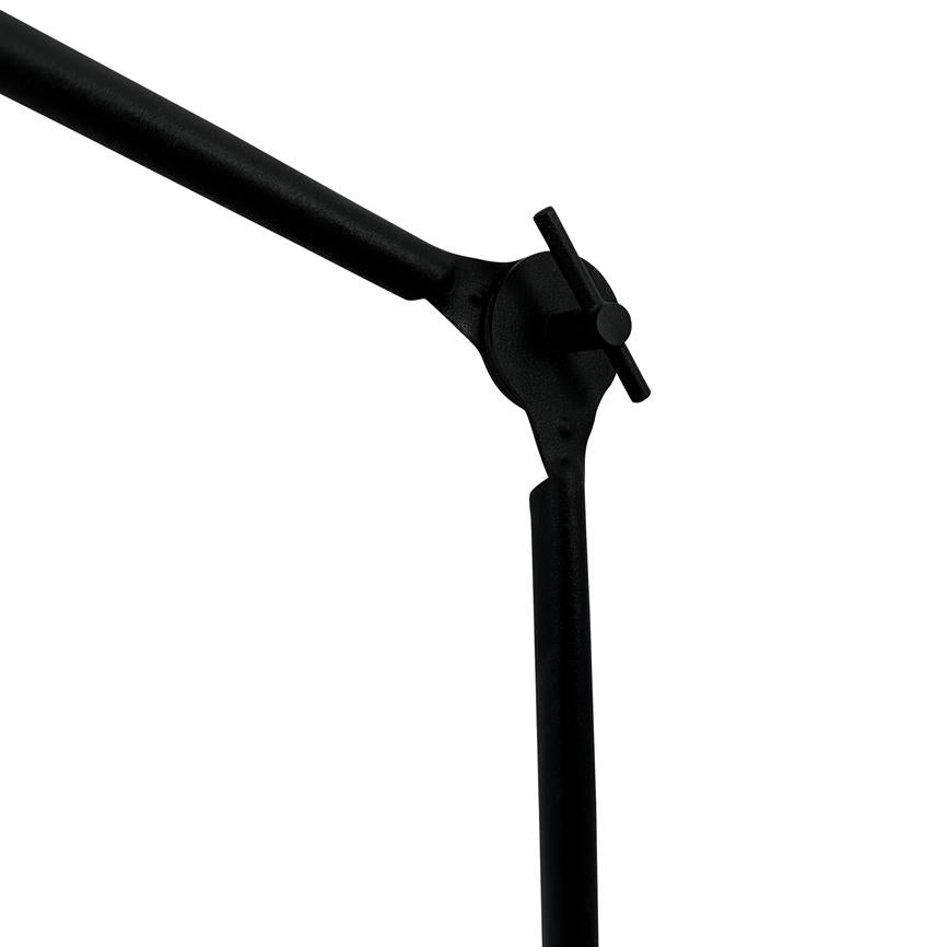 A black metal arm (rod) swings on a round hinge; a transverse screw tightens the joint; simple, uniform white background.