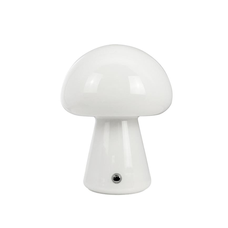 Mushroom-shaped table lamp stands on a white background, glossy white finish with a round shade and a small round switch at the front of the base.