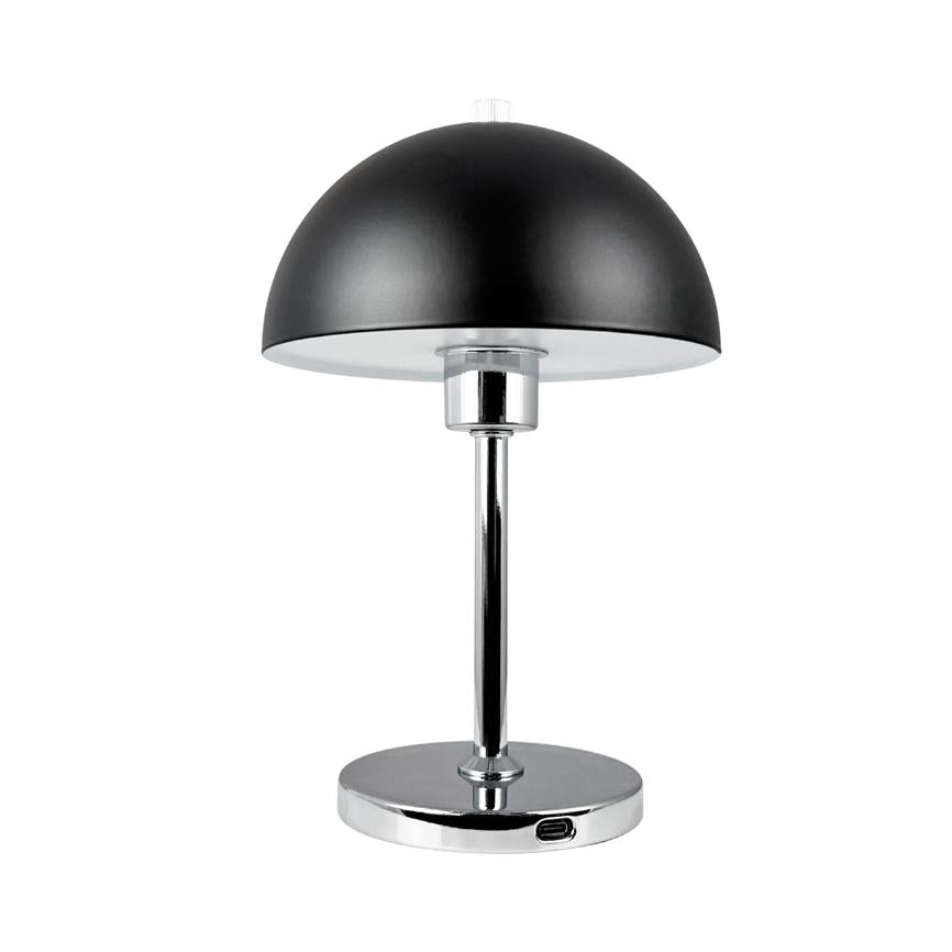 Black dome lamp rests on a slim chrome rod and round chrome base; it is turned off, with an internal white screen and a small USB port in the base, against a neutral white background.