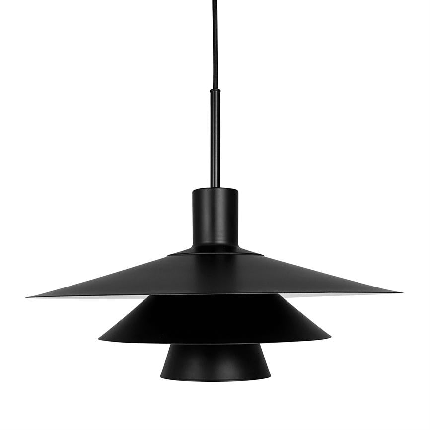 A black, modern pendant lamp hangs centrally from a thin wire, with three layered conical shades against a clean, white background.