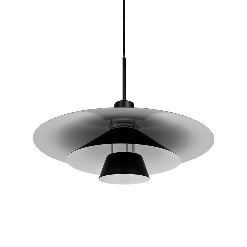 A modern one pendant lamp hangs from a black cord; wide round screens and a smaller central dome in black and matte white against a pure white background.