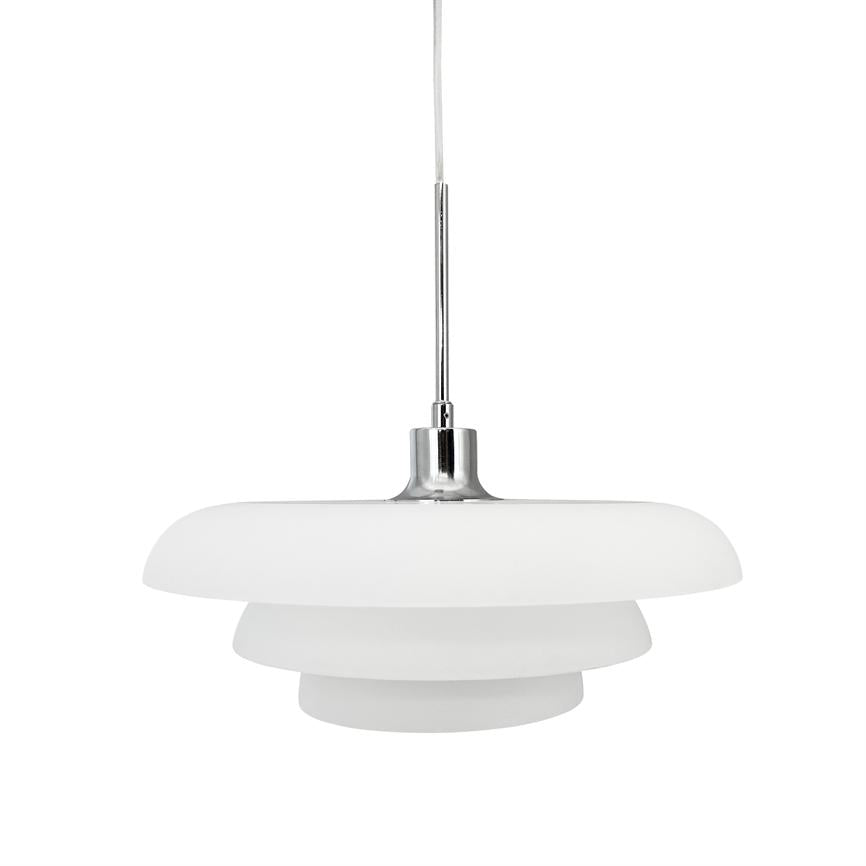 White, layered pendant lamp hangs from a slender chrome rod in front of a plain white background; three circular, flat screens form a minimalist expression.