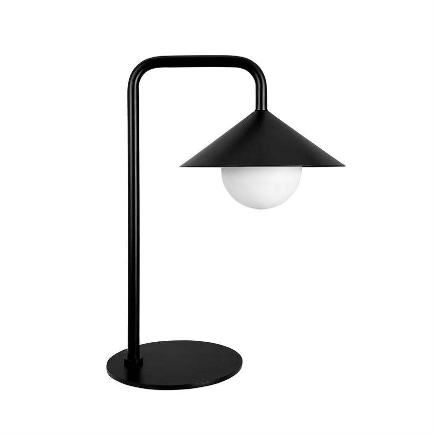 Black table lamp with curved rod, flat round base and conical shade, where a white glass ball hangs below the shade; neutral white background.