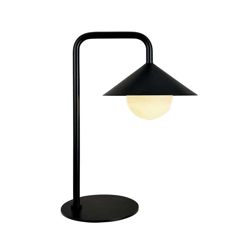 Table lamp with black metal rod and round base, a conical shade holds an illuminated, warm white glass ball, set against a neutral white background.