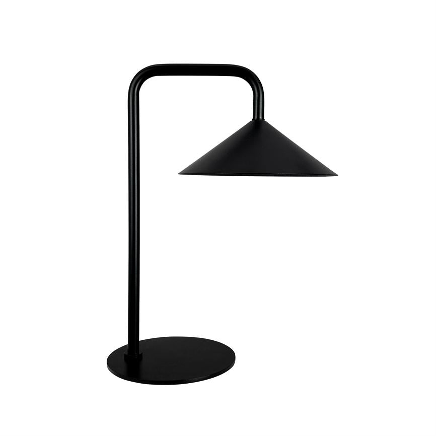 Black metal table lamp with curved arm and cone-shaped shade pointing downwards; stands on a round foot against a uniform white background.