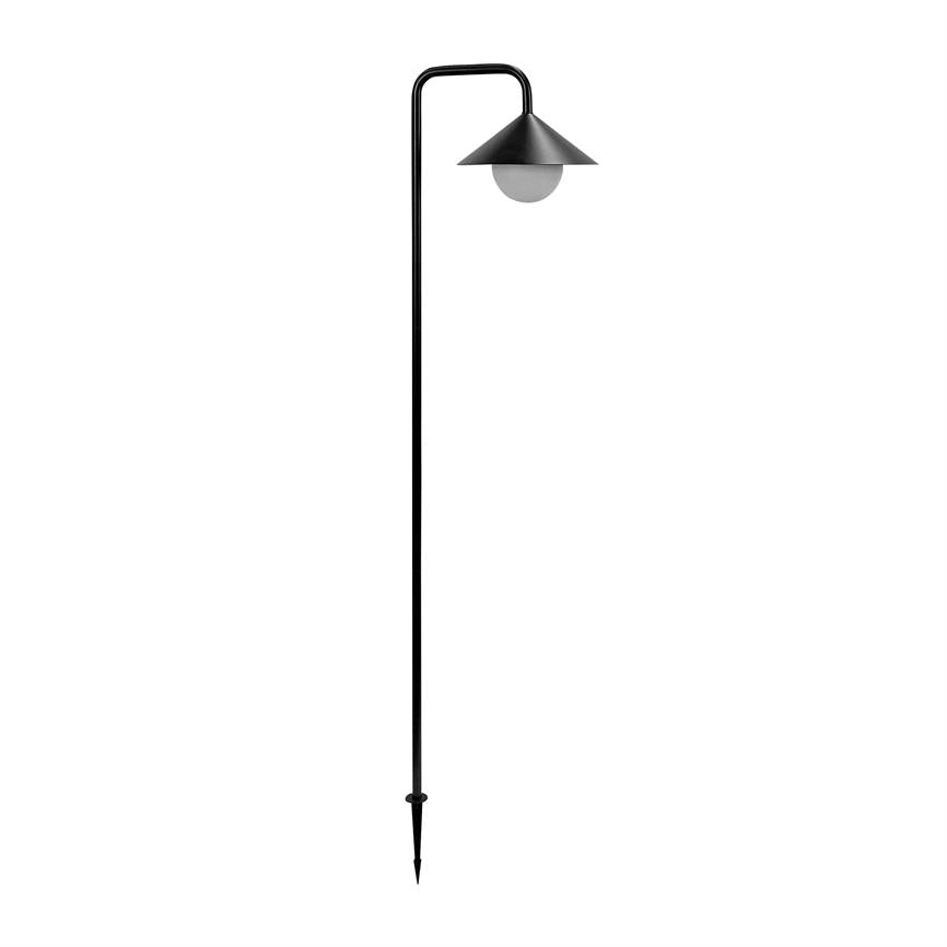 Black garden lamp with slender pole; the pole bends at the top and holds a conical shade with round opal bulb; isolated on uniform white background as product photo.
