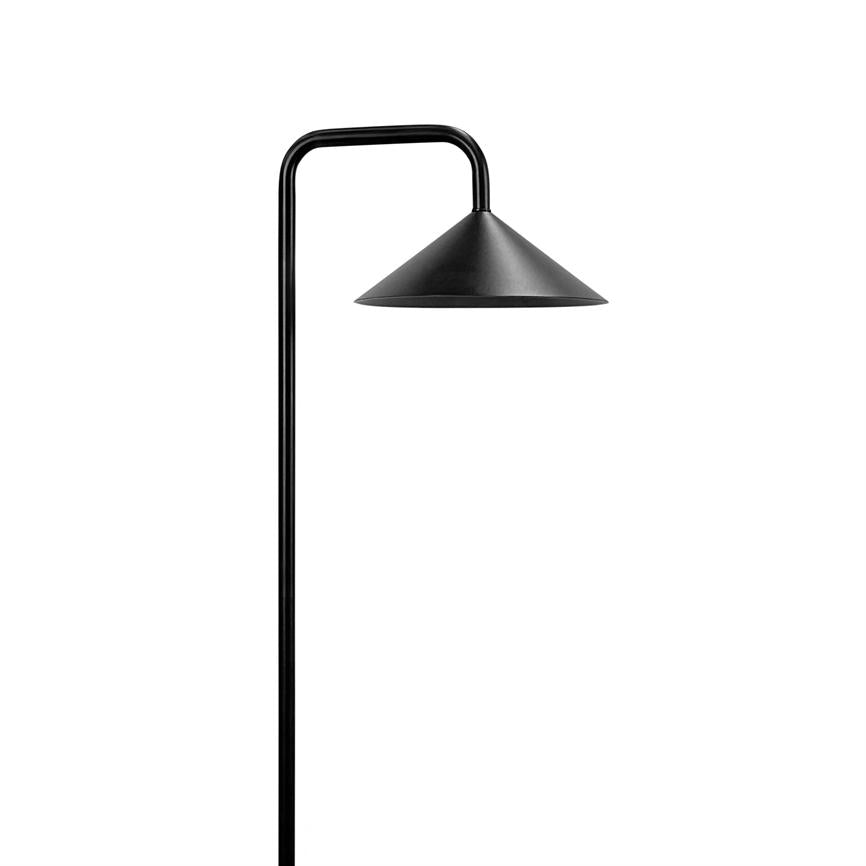 Black floor lamp with slim, curved rod and conical shade; the screen is pointing down and isolated against a uniform white background.