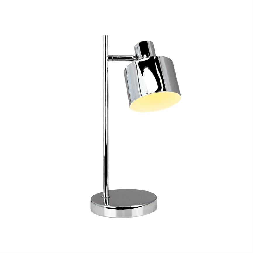 Chrome table lamp with cylindrical shade lights downwards; the screen hangs on a vertical rod above a round base, against a plain white background.
