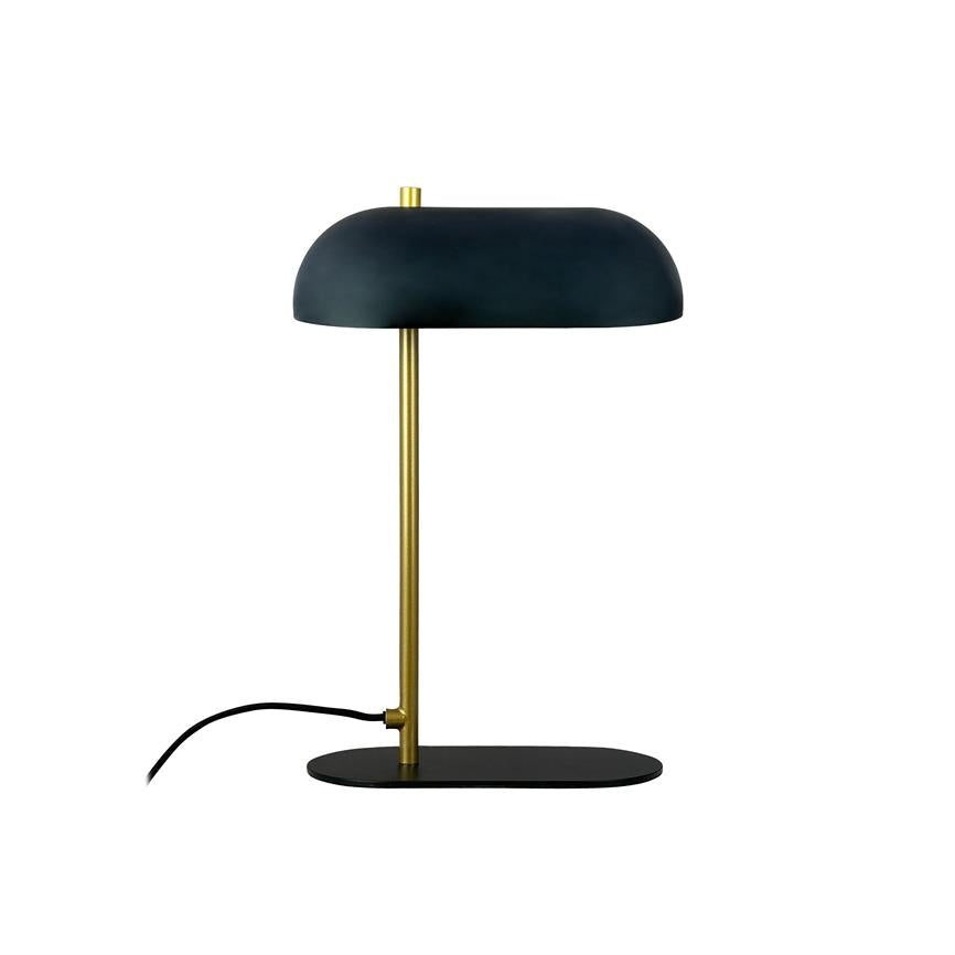 Table lamp with black curved shade and thin brass rod, resting on a black oval base; black power cable leads out to the left against white background.