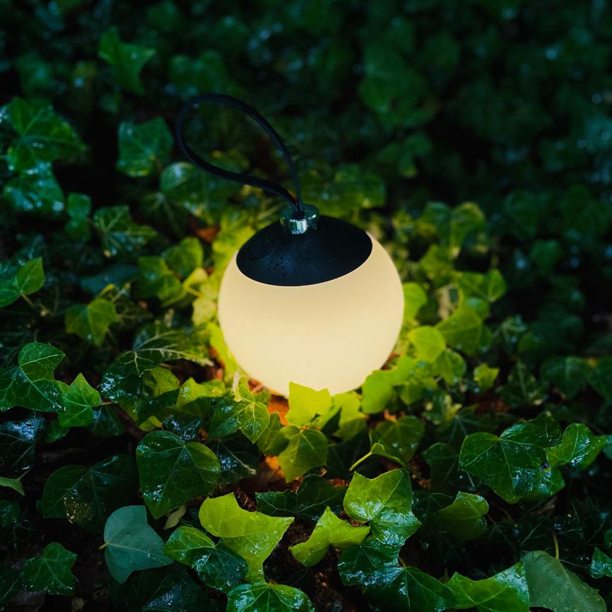 A round, illuminated garden/solar lamp rests on damp ivy leaves, emitting a warm, soft glow and casting light on dark, glossy green leaves.