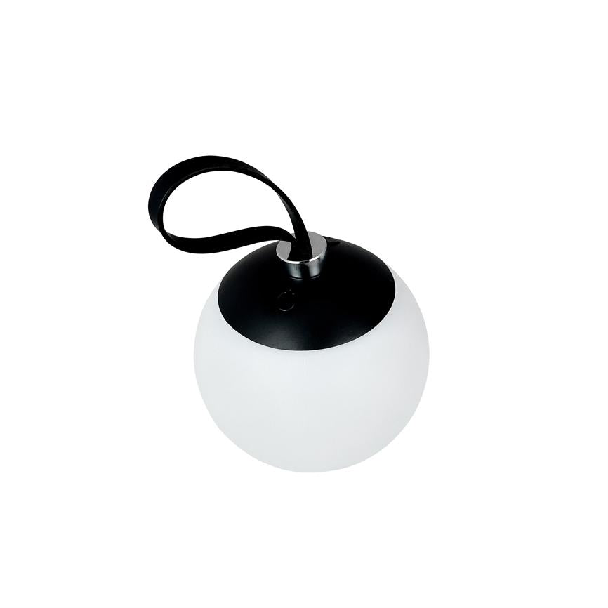 A round white portable lamp with black top and black leather strap hangs from a loop; simple, minimalistic lighting shown against a clean, white background.
