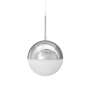 A spherical pendant-lamp hangs from a thin wire; top half is glossy chrome, bottom half a matte white diffuser; simple, studio-like white background.