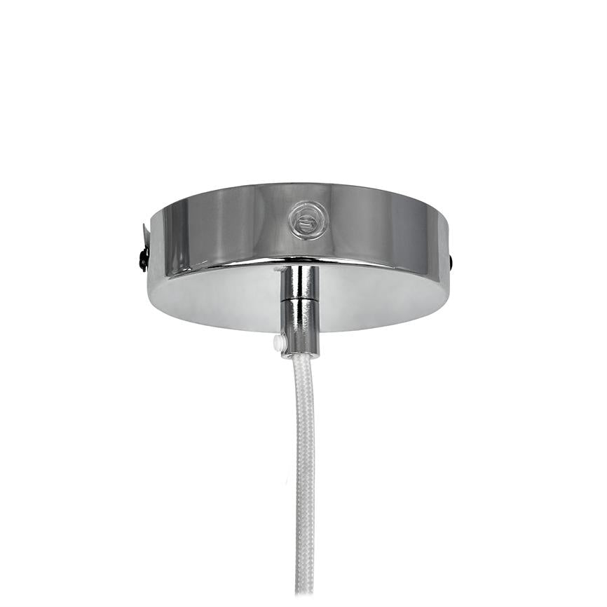 Chrome-colored ceiling box holds a white, fabric-covered cord suspended against a uniform white background.
