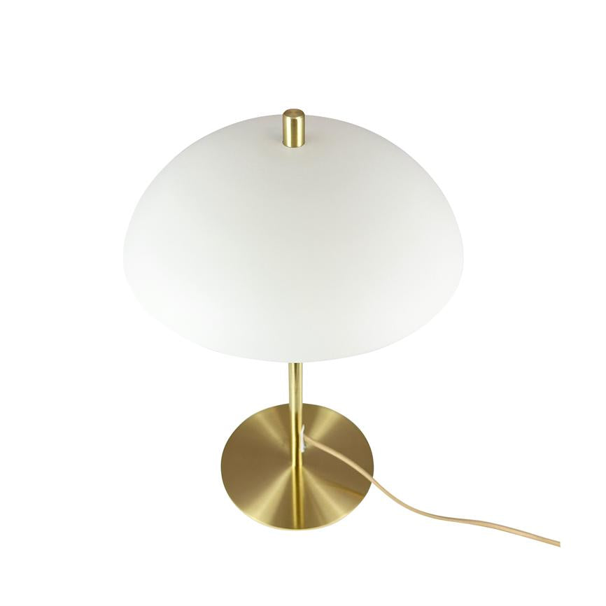 A table lamp with white, hemispherical shade, brass rod and round brass base; the screen rests on the rod and the power cord runs out over a clean white background.