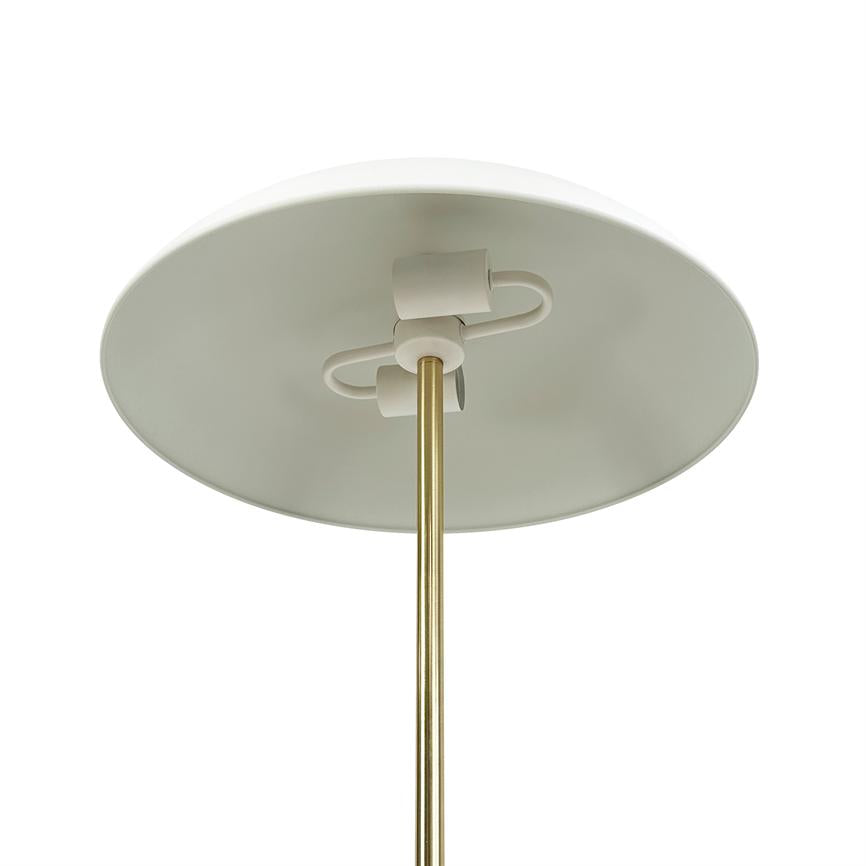 Round white ceiling bowl attaches a slender brass rod; the bracket's internal mounting piece and curved wires are visible against a neutral white background.