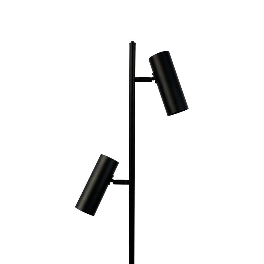 Black standing floor lamp with two cylindrical, adjustable lamps pointing diagonally from a vertical rod; minimalist design against a clean, white background.