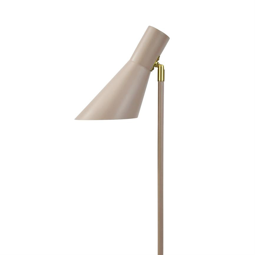 A beige metal floor lamp, the shade angled downwards; the screen is oblong and mounted on a thin rod via a small golden hinge, against a uniform white background.