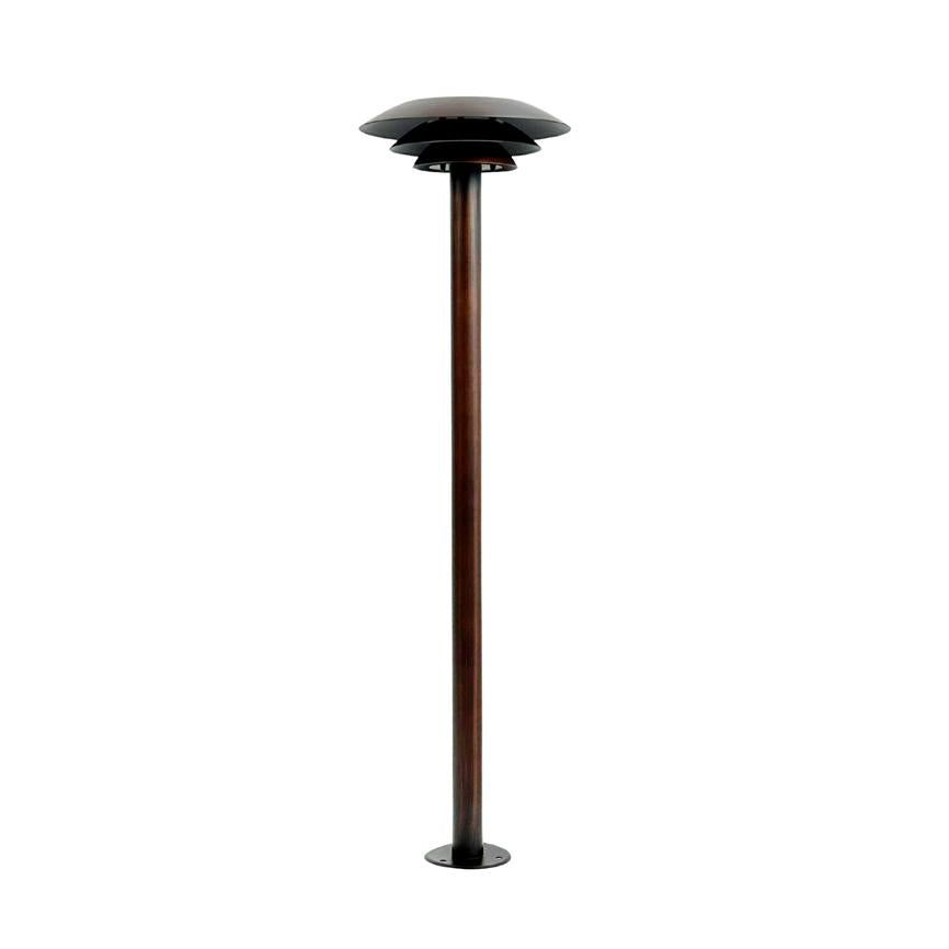 Slim bronze colored bollard lamp stands upright, with a three-layer round shade at the top; isolated against a uniform white background, mounted on a round base plate.