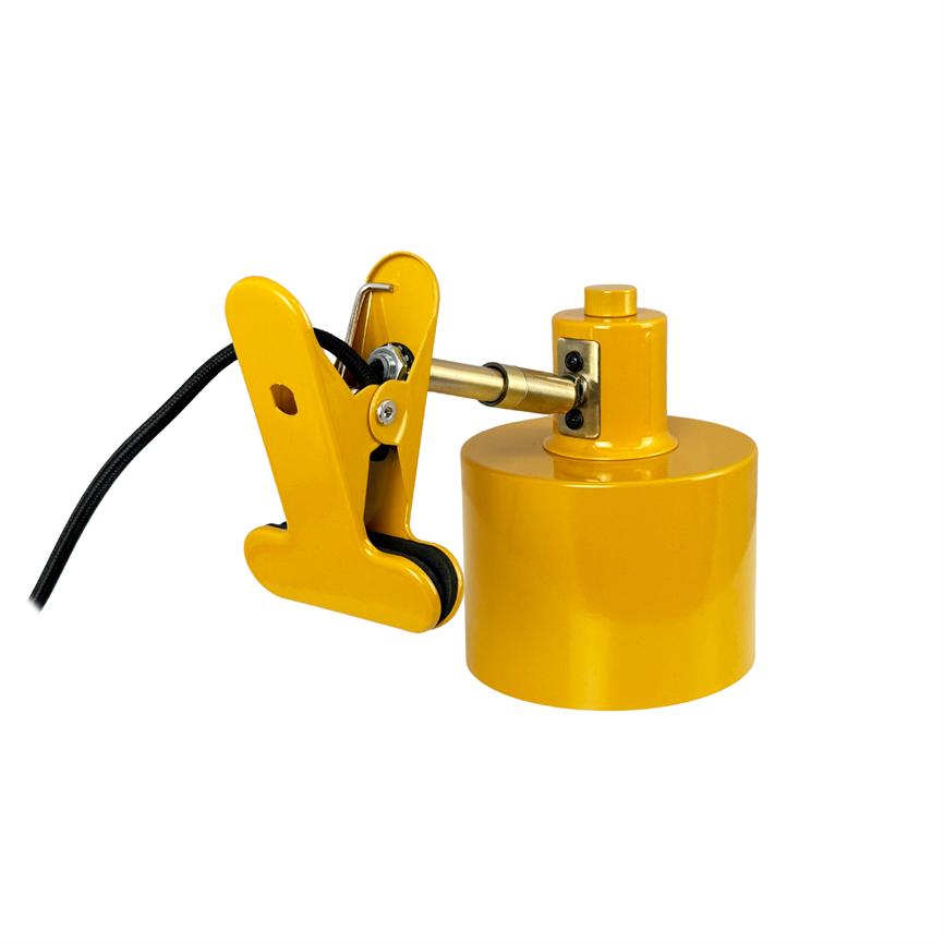 Yellow metal clamp holds a black cable; the clamp is connected via a short movable rod to a yellow cylindrical base on a white background.