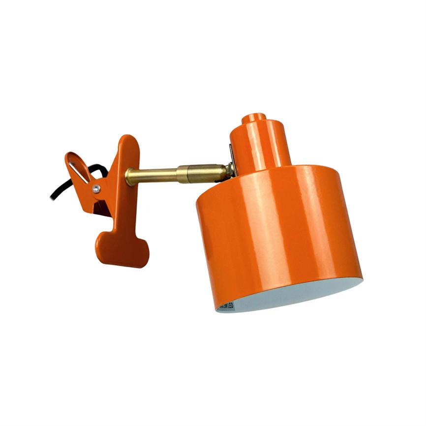 Orange clamp lamp with open clamp and angled lamp shade; a short gold-colored link connects the screen and clamp against a uniform white background.