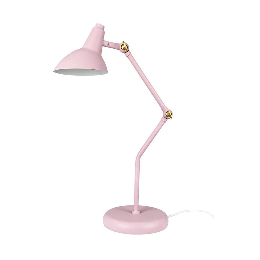 Rose-colored adjustable desk lamp stands on round base; the arms are angled and the lampshade points downwards. Simple metal construction with gold colored adjustment links, against a white background.
