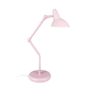 A pink, adjustable desk lamp with the arms bent and the screen pointing down; stands on round base with visible wire against neutral white background.