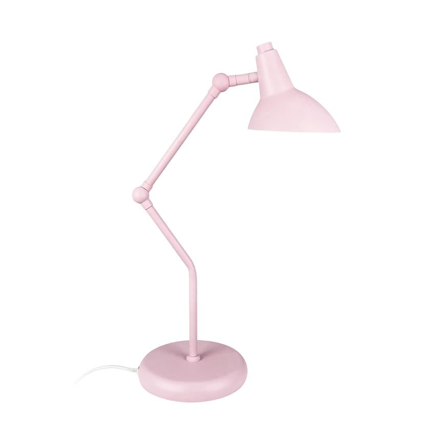 A pink, adjustable desk lamp with the arms bent and the screen pointing down; stands on round base with visible wire against neutral white background.