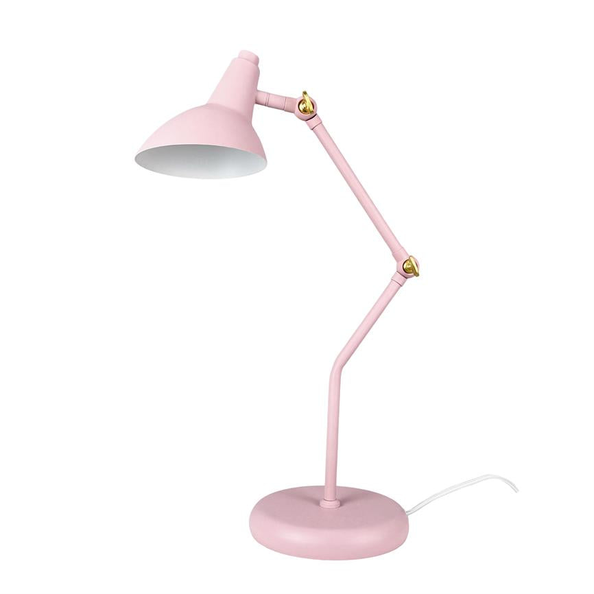 A pink desk lamp, angles its adjustable arm and shade downwards, standing on a round base with white cord against a uniform white background.