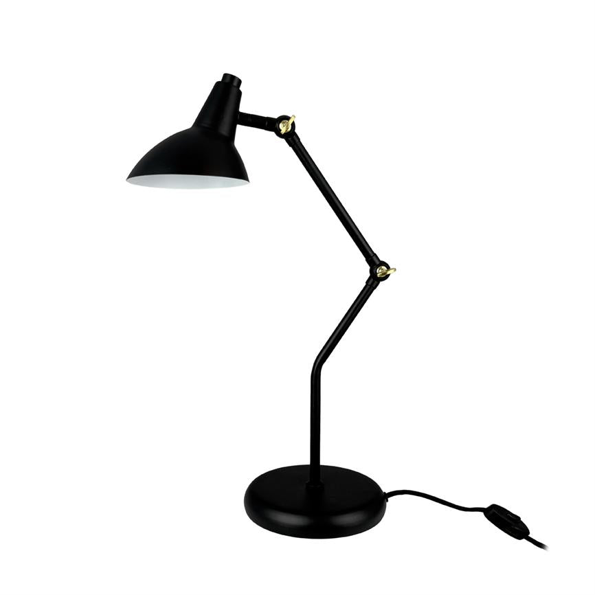 Black desk lamp with adjustable arm and round shade, bent downwards over a circular base; golden joints and switch on cord, set against a uniform white background.