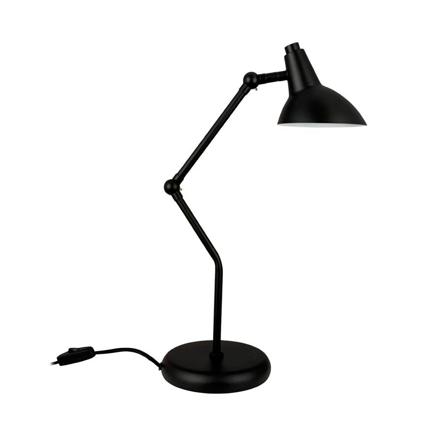 Black adjustable desk lamp with two articulated arms and curved shade; the screen is tilted downwards, mounted on a round base with visible cord and built-in switch, against a white background.