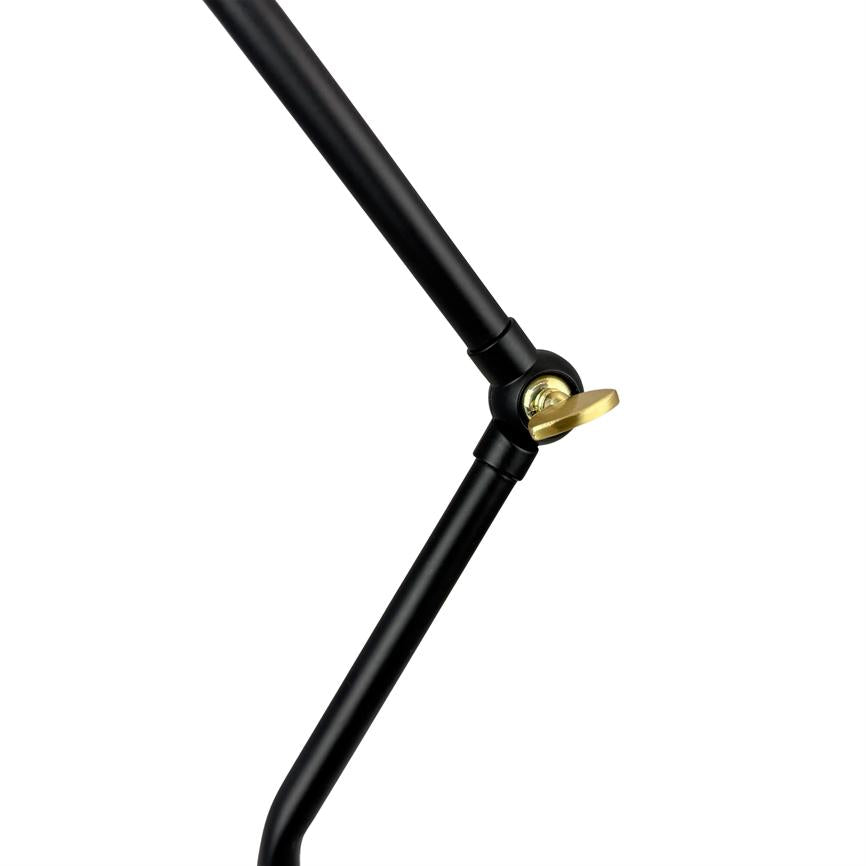 Black, adjustable lamp arm is angled at one joint and held in place by a gold-colored wing nut; diagonally positioned against a plain white background.