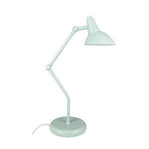 Desk lamp in mint green, with adjustable two-piece arm and round foot; screen angled downwards, visible power cable, placed against white, neutral background.