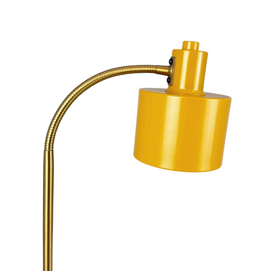 Yellow metal floor lamp bends its flexible, golden neck and points the cylindrical shade downwards against a neutral white background.