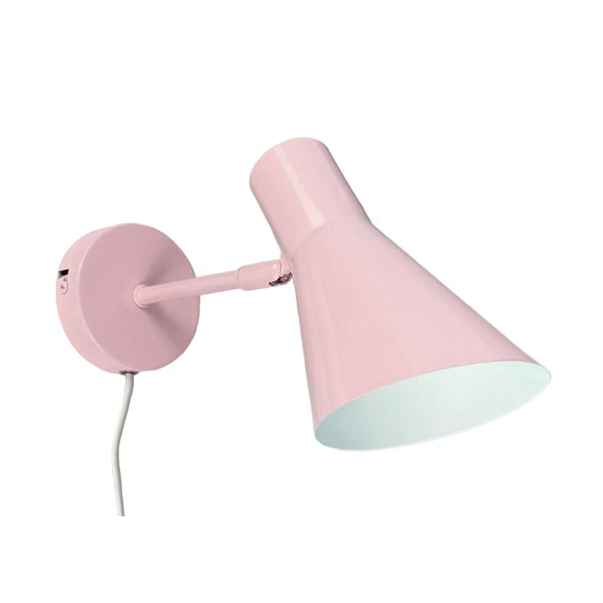 Wall lamp mounted on a round wall plate; arm and cone-shaped screen are tilted, the screen points downwards. Pink metal with white inside and hanging white wire on white background.