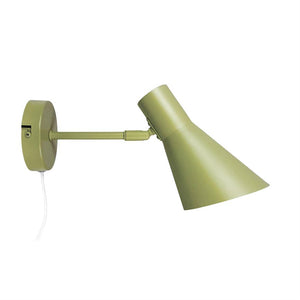 Olive green wall lamp with round base and extended arm, shade angled downwards; arm and joint are adjustable, mounted against a clean, white background.