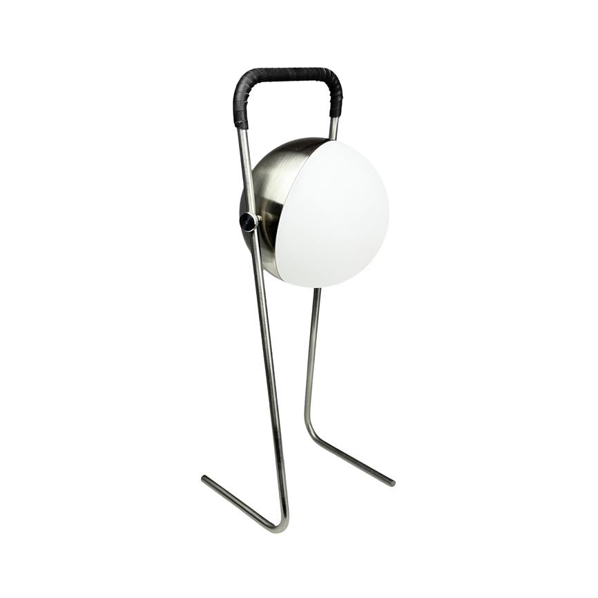 Round table lamp stands on slim, U-shaped metal stand; white opal globe facing forward, with curved steel handle wrapped in black, set against white background.