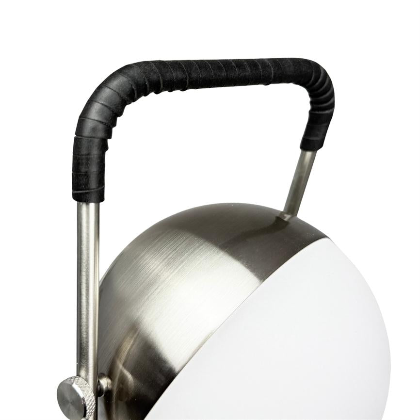 Lamp head; hanger serves as carrying handle, attached to adjustable metal bars; close-up of brushed steel and white lampshade on plain white background.