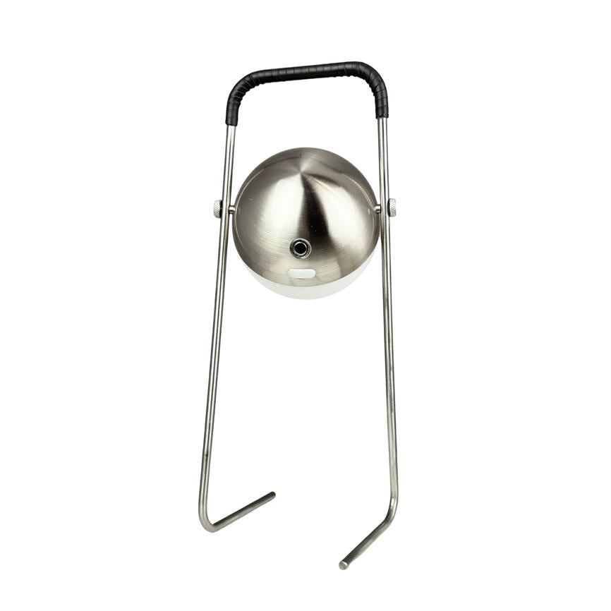 Round, brushed steel ball fixed in a U-shaped steel frame hanging from a padded handle, seen against a solid white background.