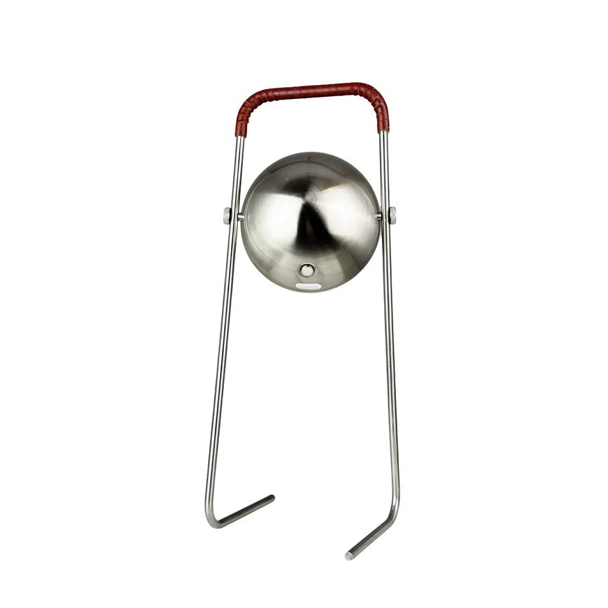 Round polished metal ball mounted in a tall, open steel stand with red wrapped handle; the sphere hangs centrally, the stand stands freely against a uniform white background.