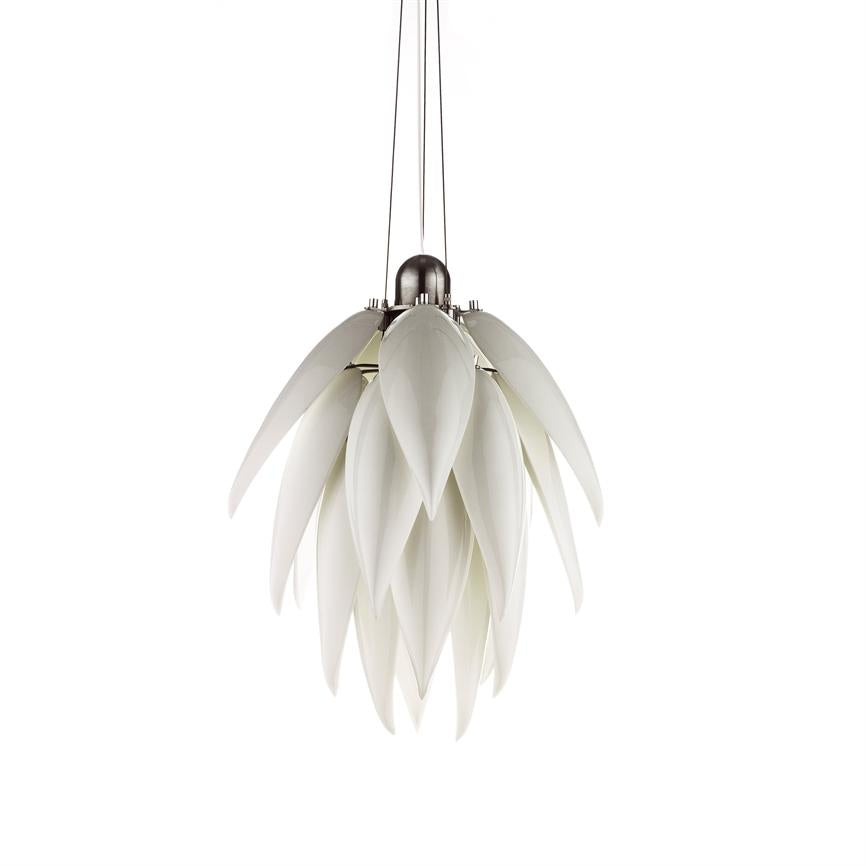 Ceiling lamp shaped like overlapping white leaves hangs in three thin cables above a uniform white background in a studio setting.
