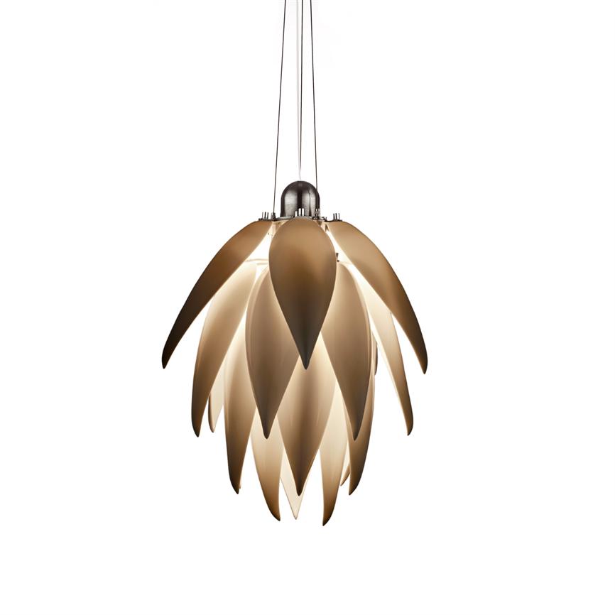 Hanging lamp with overlapping, bronze-coloured leaf-shaped shades, emitting warm, diffused light; hanging by three thin wires from a round ceiling against a neutral, white background.