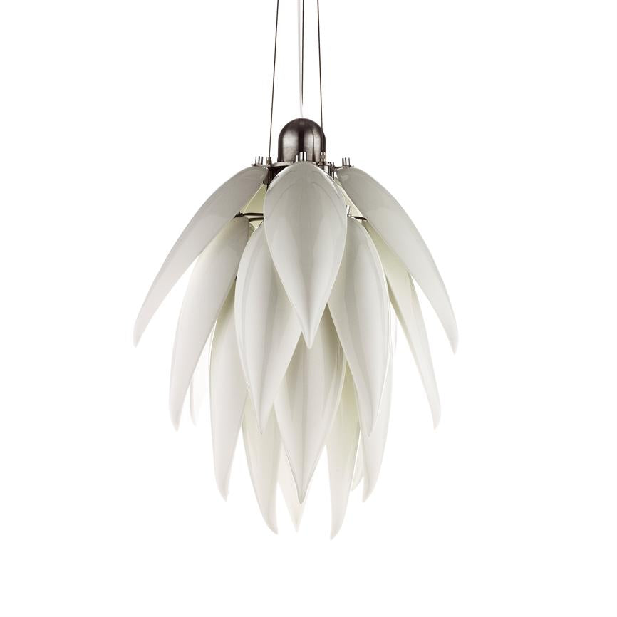 Hanging lamp with overlapping white, leaf-shaped shades; hanging from three thin cables, forming a densely packed, cone-shaped cluster against a uniform white background.