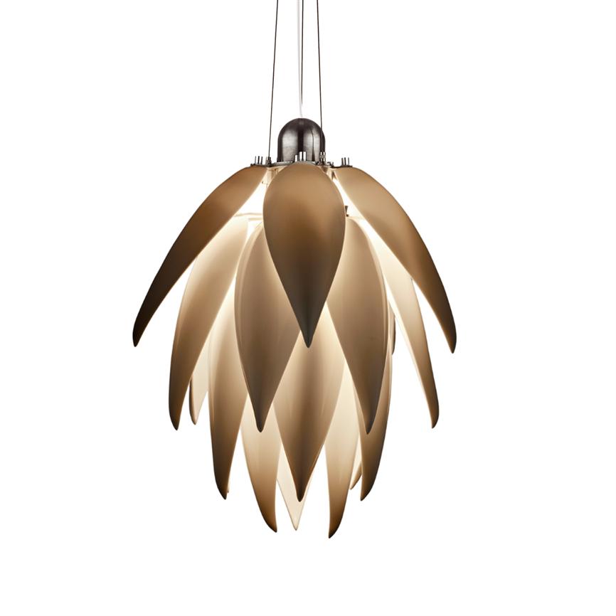 Ceiling chandelier in leaf-like layers, radiating warm, diffused light through overlapping leaf-shaped shades; hanging from three thin wires against a white background.