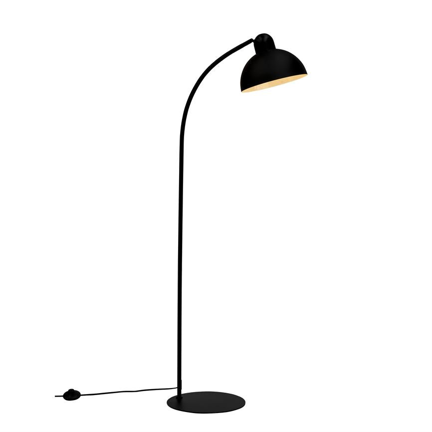 A black floor lamp with curved shaft, shade facing downwards; stands on a round foot on a white background. Black cord with foot-operated switch lies stretched out at the base.